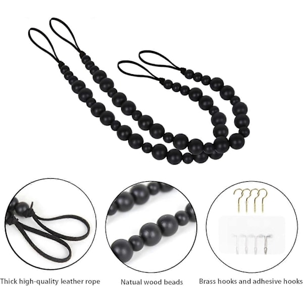 2 stycken träpärl-gardinbandhållare Boho för vägg, gardinband, fönsterbehandling, draperiband med krokar för sovrum, matsal, dekoration (svart, 2)