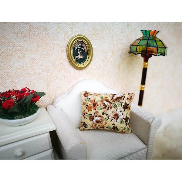 6x1/12 Dockhus Miniatyr Blommiga Kuddar Kudde Soffa Sovrum Tillbehör Beige (C)