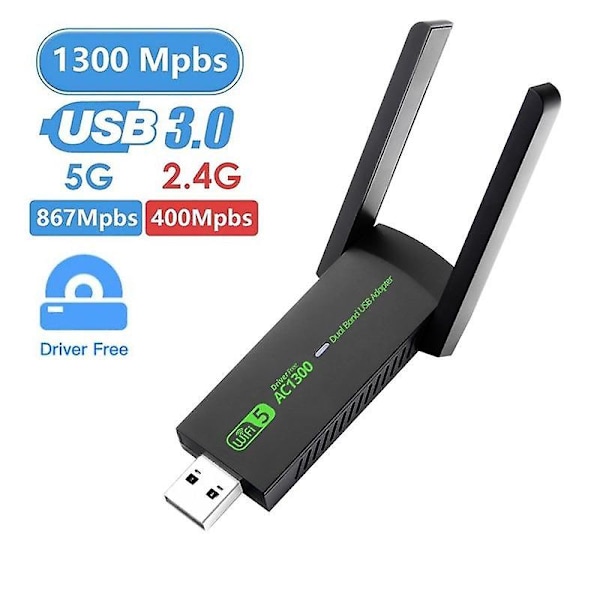 1300 Mbps USB 3.0 WiFi-adapter, driverfri, 2,4 GHz/5 GHz dobbeltbånds Wi-Fi-dongel, mottaker, 80211ax/ac/a/b/g/n, WIFi 5, trådløst nettverkskort for PC-bærbar datamaskin