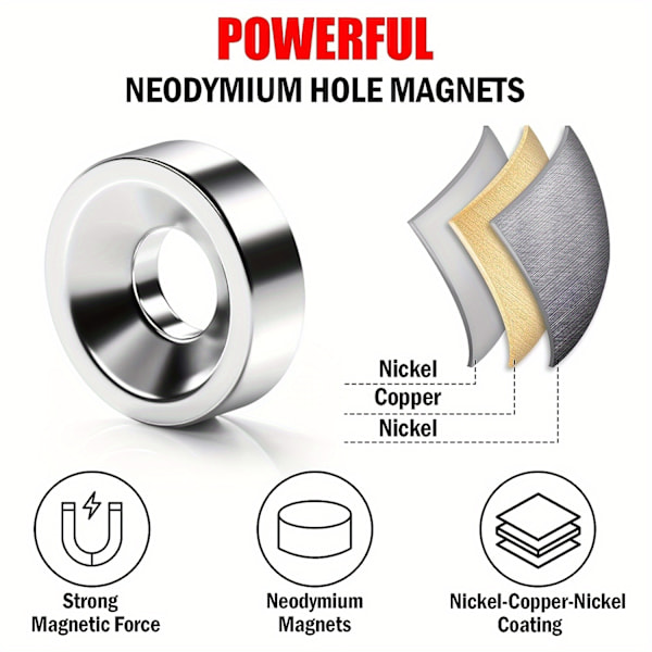 50 st Industriella Neodym-Diskmågnar - 0,39 tum (10 mm) Tunga Sällsynta Jordartsmagneter med Sänkt Hål för Verktyg, Hem, Arbetsplats - Stark Ad