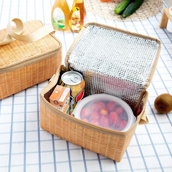 Bärbar Isolerad Termisk Kylare Lunchväska Imitation Rattan Utomhus Picknicklåda Khaki