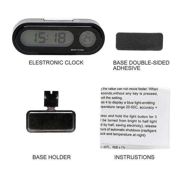 Bilklocka 12-timmars LCD-bakgrundsbelyst digital display Hållbar Bärbar Mini Universal Elektronisk Bilklocka Tidur Glysande termometer C[C]