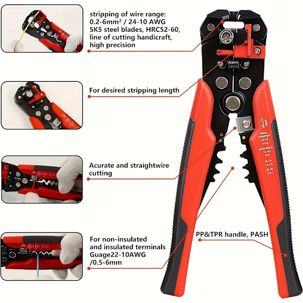 Profesjonell Elektrikers Automatisk Ledningsavstripper - Multifunksjonell, 24-10AWG Område, Rask Skalling & Kapping Kabelklemmetang med Sklisikkert Grep for Hjemmet