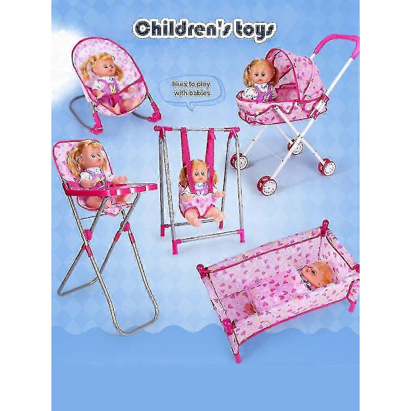 Hotsale-kampanjpris Babydocka Vagn Leksak med Tillbehör - Barnvagn Matstol Gungstol Gunga