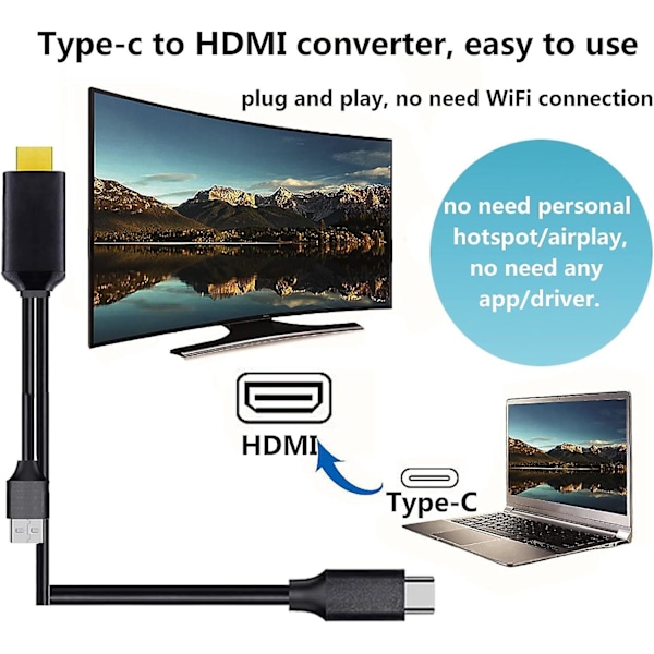 USB-C til HDMI adapter (4K@60Hz), C til HDMI kabel, USB-C til HDMI adapter med opladning