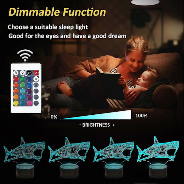 Shark 3D Illusion Nattlampa Havs Djur Skrivbordslampa, 16 Färger Fjärrkontroll LED Nattlampa för Barn Pojkar Semestergåvor Svart bas + 16 färger fjärrkontroll