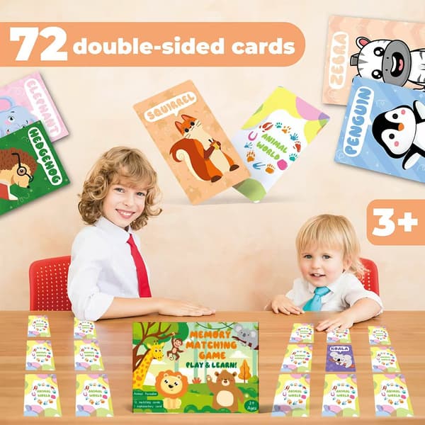 Engelske Flashcards til Børn – Dyr & Mad Memory Match, 72 Kort Læresæt