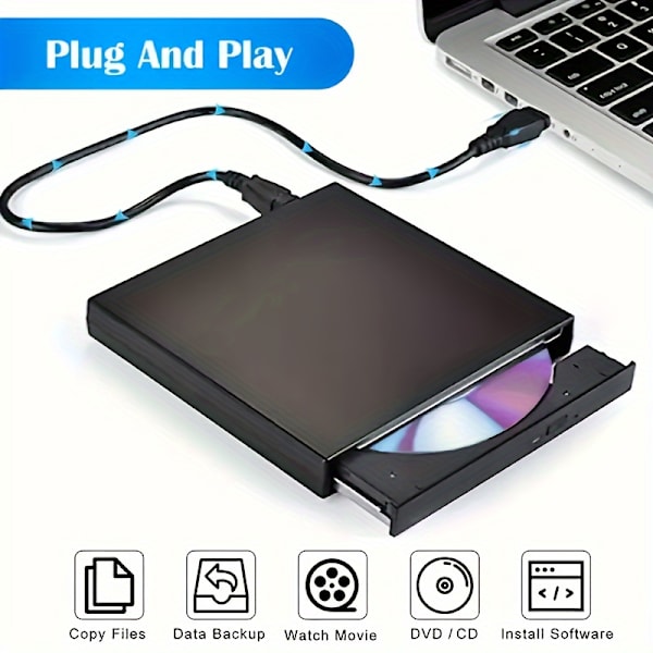Kompakt USB 2.0 Ekstern CD/DVD-stasjon - Bærbar CD-RW & DVD-RW-brenner for bærbare og stasjonære datamaskiner
