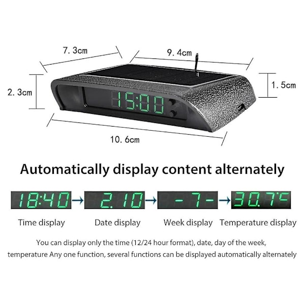 Bils ure med natdisplay termometer Auto Intern Stick-on Digital ur Solcelled 24-timers bilur