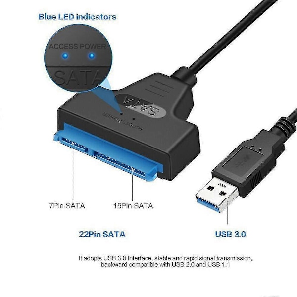 USB 3.0 til SATA III Harddiskadapterkabel med LED-lys Datamaskin Harddisktilkoblingskabel for 2,5 tommers SSD-er og harddisker