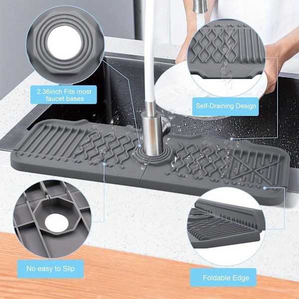 1 stk Premium Anti-Slip Silikon Vandhane Sprøjtbeskyttelsesmåtte - Afvanding & Si - Nem Rengøring, Foldbar Kant, 5° Hældning, Vandomdirigerende Design til Køkken