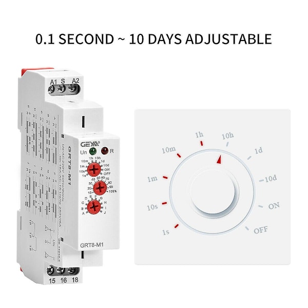 GRT8-M1 Tidsforsinkelsesrelé På/Av 16A AC/DC12V-240V Multifunksjon DIN Skinne Automatisk Timer Relé