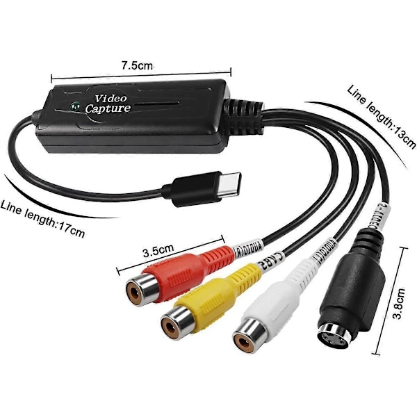 RCA AV til USB-C Konverter Videoopptakskort Adapter 1 Kanal AV NTSC PAL Video S-Video/Kompositt Black