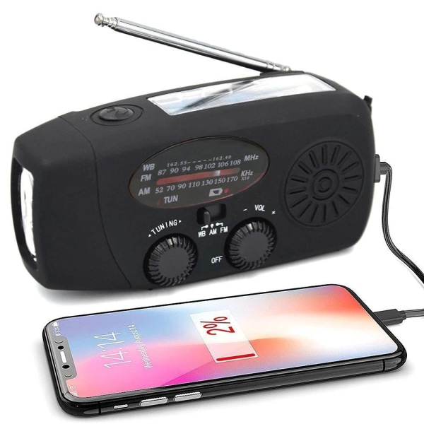 Svingradio med solcellelader & nødblanket / Nødradio & Powerbank[C] Black Med laddningskabel