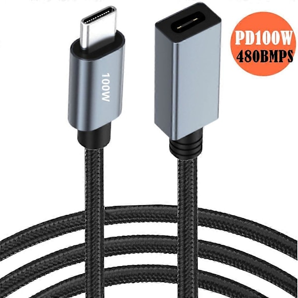 Nylonflätad USB-C hane till hona förlängningskabel 100W Power Delivery 480Mbps 1m