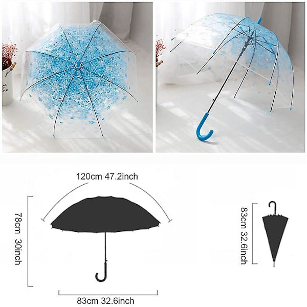 Transparent kupolparasoll, vindtåligt och lätt (Blå)