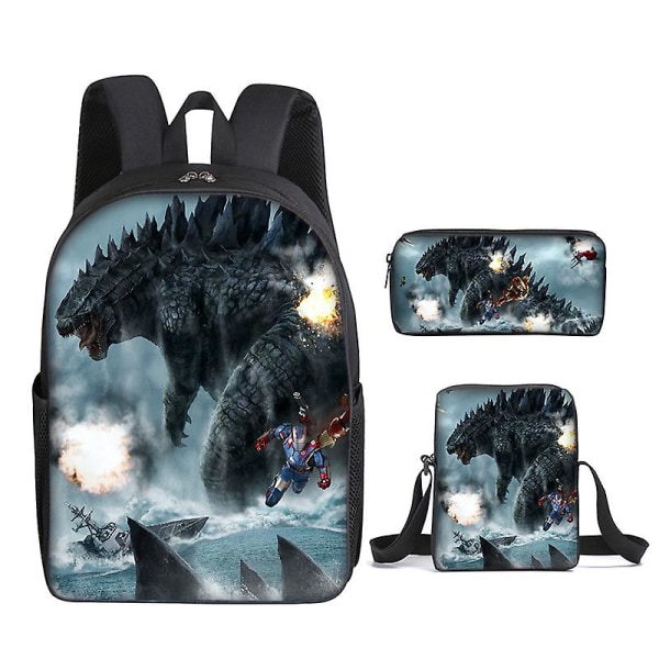 3-delt sett Godzilla Vs Kong Ryggsekk Trykt Skolesekk med Blyantpose Budpose Style 6