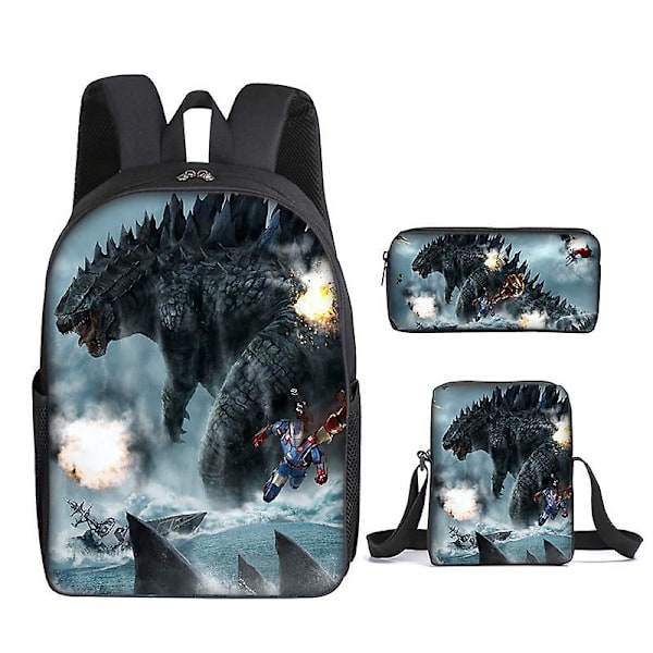3 stk./sæt Godzilla Vs Kong Rygsæk Trykt Skuldertaske Skoletaske Med Blyantspung Messenger Taske Style 6