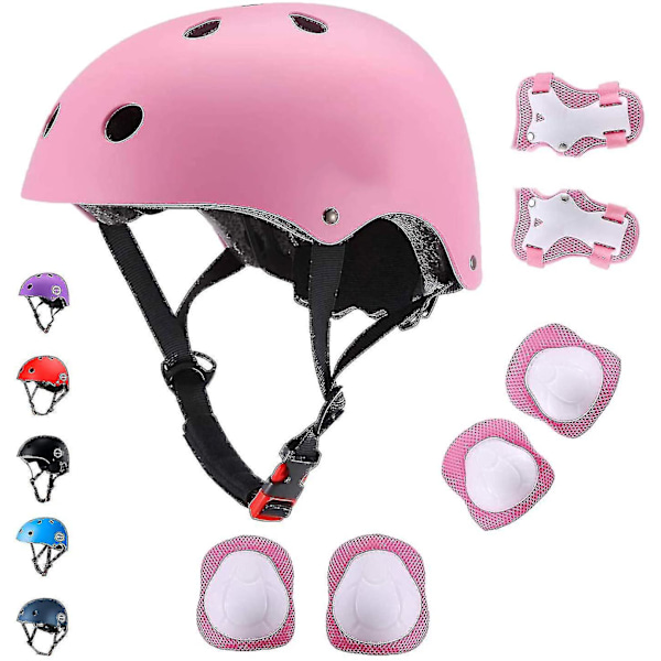 Set med 7 st skyddsutrustning för barn, hjälm och knäskydd, pojkar och flickor, justerbar hjälm för barn, knä- och armbågsskydd för cykling, skridskoåkning, skateboard