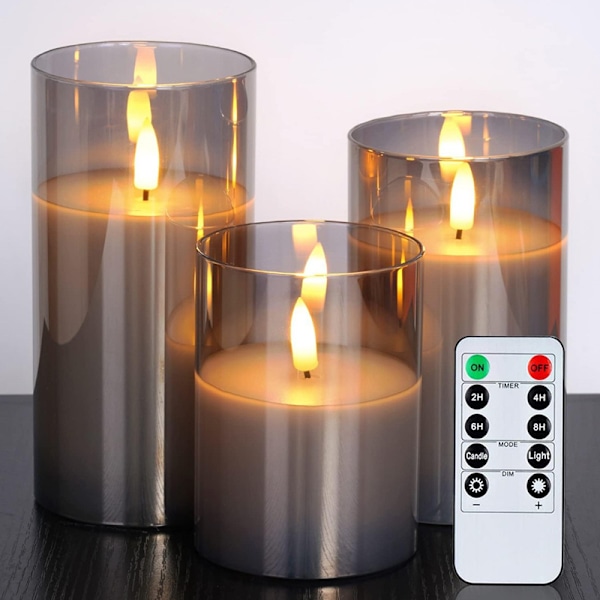 3 Flammlösa Batteridrivna LED-Ljus med Blinkande Effekt och Realistisk 3D-Modell samt Fjärrkontroll Timer Halloween Juldekoration (Grå)