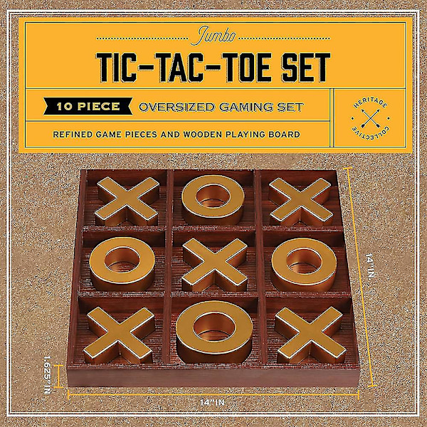 Tic-Tac-Toe Spelbräde i Massivt Trä - 10 Delar Premium Giant Gold 14 tum - Utomhus/Inomhus Festset Leksak För Barn/Vuxna - Bakgård Underhållning