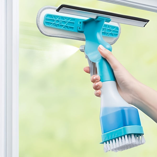 4-i-1 Ultimate Glasrengöringsmästare - Smidig Skrapning, Torkning, Skrubbning & Sprayning - Ränderfri, Allroundverktyg för Badrum, Spegel, Fönster