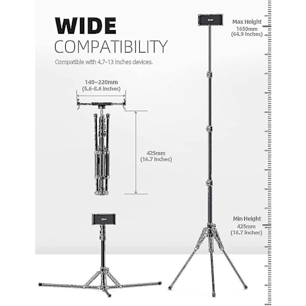 iPad Tripod Stativ, Tablet Gulvstand 65\" iPad Holder Montering Med Justerbar Højde Kompatibel Live Stream/Se, Kompatibel iPad Pro 12.9/11, Air M