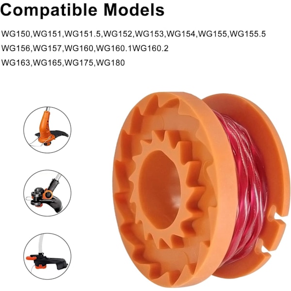 Set med 6 trimmerlinor för Worx WA0004.1/WA0010, kompatibla med Worx WG154 WG163 (6 linor + 1 lock) (C)