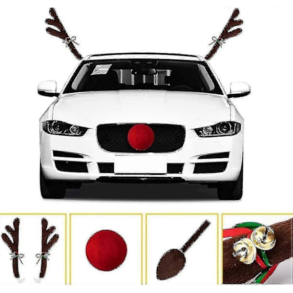 4-delt Julebil-Hjorte-Sett med Rød Nese, Gevir og Hale med Jingle Bells - Bilkostyme for Juledekorasjon, Festivalgave