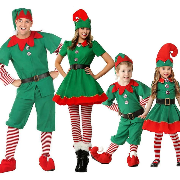 Jul Familj Matchande kläder Pojke Flicka Elf Xmas Kläder Set Vuxen Grön Röd Fest Toppar Byxor Hatt Bälte Outfit Cosplay Kostym[HK] ER43B0 Adult Size 160