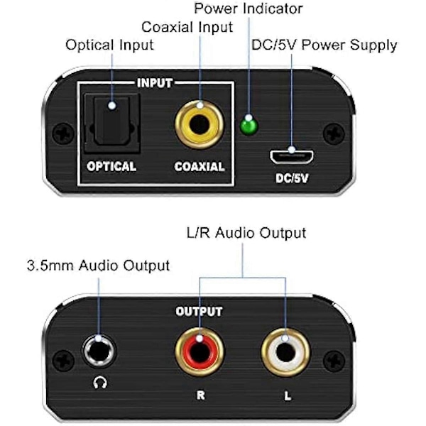 Digital till Analog Ljudkonverterare 192KHz DAC, Optisk & Koaxial till Analog Stereo L/R RCA +3.2Ft Optisk Black