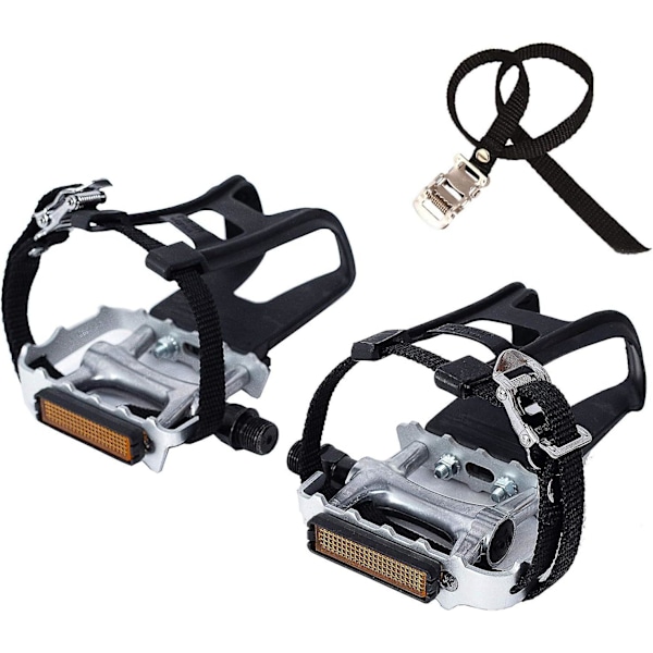 Bicycle pedal with Clips and Straps. Suitable for spinning bikes, exercise bikes, stationary bikes and outdoor bikes, 9/16 Inch Axle.