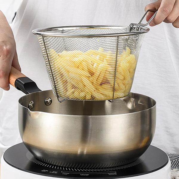 Friteerausastia Hienosilmäinen Tarttumaton Pohja Taittuva Kahva Palovammojen Välttäminen Kuumankestävä Ruostumaton Elintarvikelaatuinen Siiviläastia Keittiöväline QinghaiC[C] 18cm