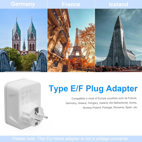 Resepluggadapter, UK till EU-kontakt med 3 USB A- och 1 USB C-portar, 5-i-1 Grå