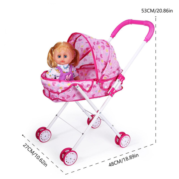 Rosa dockvagn med tillbehör - hopfällbar och lätt baby för rollspel (docka ingår ej )