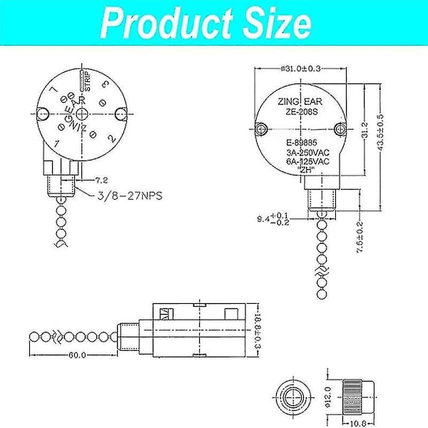 2 stk Takviftelys Bryter Zingear Ze-208s E89885 3 Hastigheter 4 Ledninger Viftebryter Trekkkjede ,viftelys