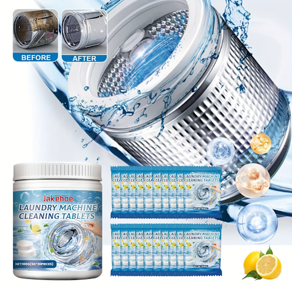 20 stk. Effervescerende Vaskemaskine Rengørings-tabletter - Fjerner Pletter & Snavs, Ingen Rester, Citron Formaldehyd Formel Til Tromlevaskere