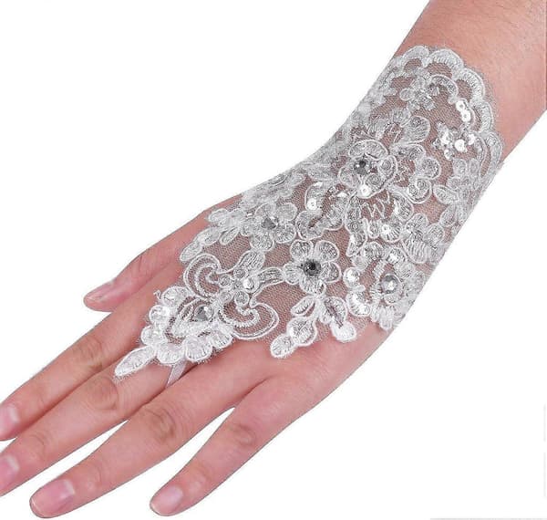 Bröllopsfesthandskar elfenben one size strass spets fingerlösa brud