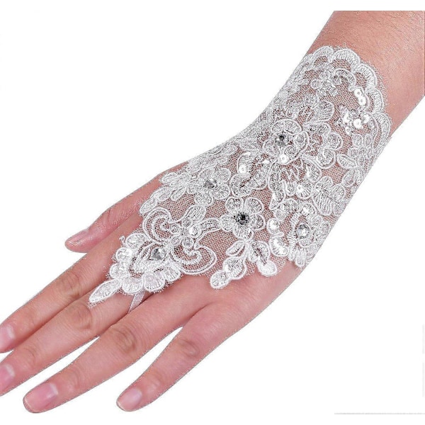 HEYONE Spets Fingerlösa Strass Brudhanskar för Bröllopsfest Elfenben One Size (C)
