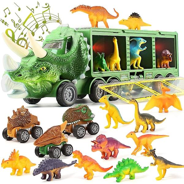 Bästsäljande 2024 EC312) Dinosaurieleksaksbilar för barn - 28-pack Set med blixt, musik, vrål, dinosauriebil