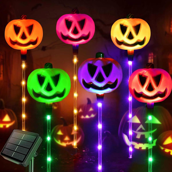 Sett med 6 solcelledrevne gresskarlys, halloweendekorasjoner, fargeendrende lys for å lyse opp gresskardekorasjoner, halloweenfest veranda og uteplassdekorasjoner
