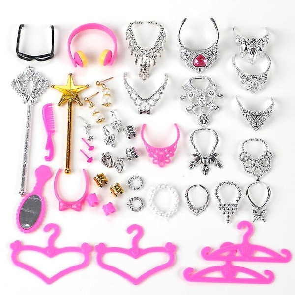 30st Docktillbehör Simulering Smycken Halsband Kronörhängen Rosa hängare Spegelkam för dockleksaker