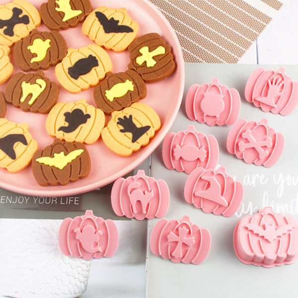 9 st 3D Kakformar Halloween Pumpa Keksform Fondant Bakverk Verktyg Bakformar DIY Handpress Keksstämpel[C]