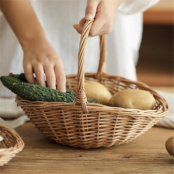 Fletkurv med håndtag, Flet indkøbskurv, Gavekurv, Picnic kurve, Køkken opbevaringskurv - Stor (C) C