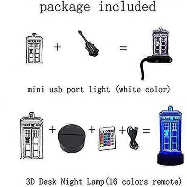 Tardis 3D Illusion LED Doctor Who Soveværelseslampe Natlys RGB 16 Farver Fjernbetjening Bordlampe (1)