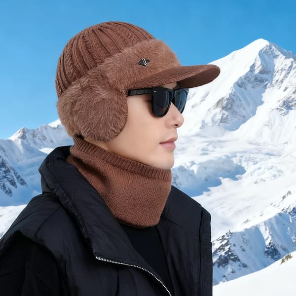 Korean Knit Wool Cap with Brim – Thick, Warm, Windproof Beanie with Optional Neck Warmer E