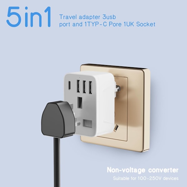 Resepluggadapter, UK till EU-kontakt med 3 USB A- och 1 USB C-portar, 5-i-1 Grå