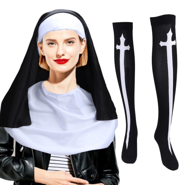 4st nunnakit för kvinnor med huvudstycke och kragekors och strumpa Black 4 pc