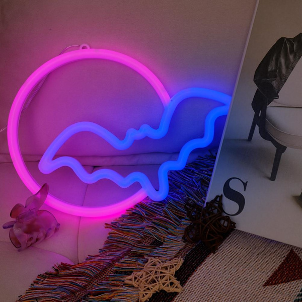 Halloween Neon Skyltar - Måne och Fladdermus LED Neonljus USB Batteridriven Neonljusskylt för Väggdekor Rum Bar Fest Barnpresent[C]