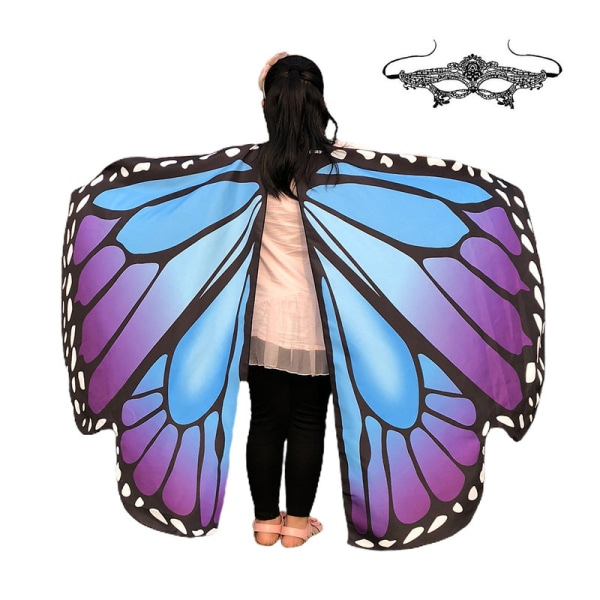 Fjärilsvingar för flickor Butterfly Halloween kostym för flickor Butterfly Fairy Wings Sjal med mask Blue Purple